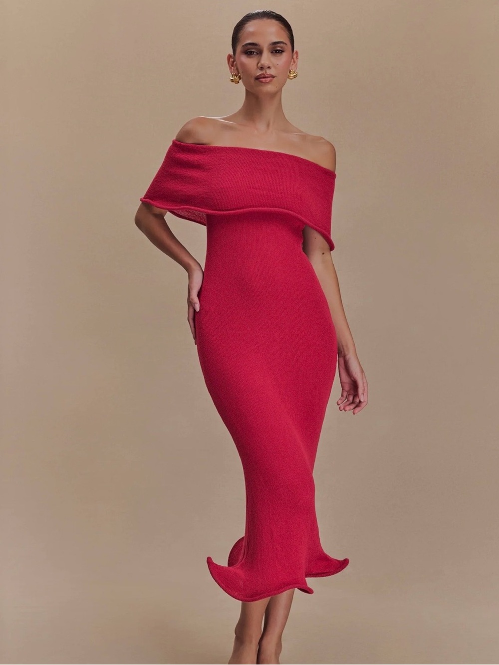 NWT Meshki Molly Off Shoulder Knit Midi Dress - Raspberry